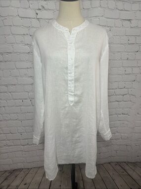 Stateside White LS Button Placket 100% Linen Tunic Shirt Dress L Large